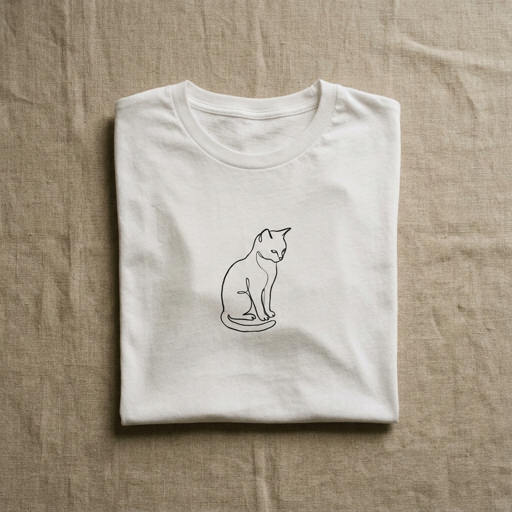 猫、一筆 を白Tシャツに配置